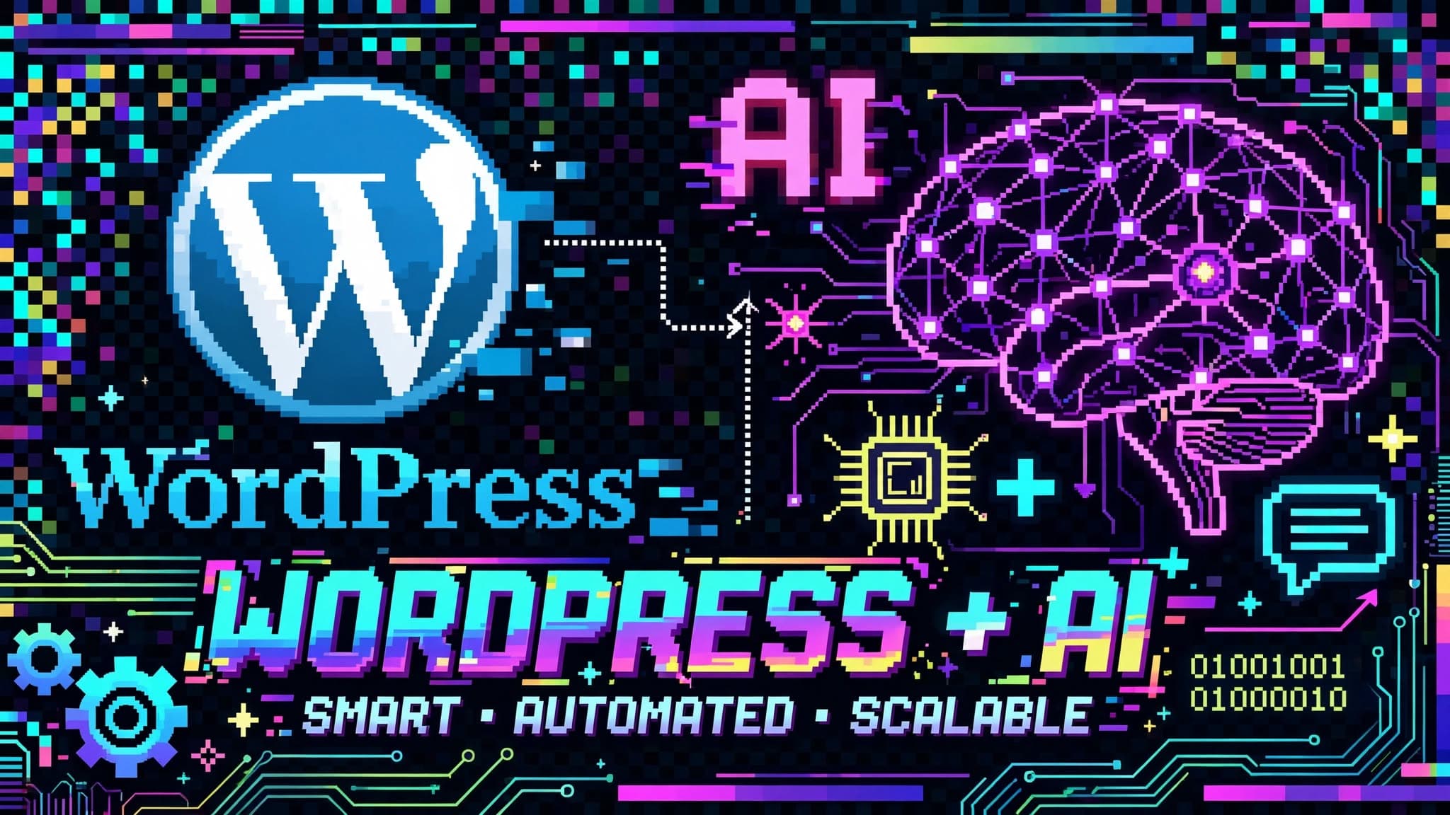Pixel-art banner reading WordPress + AI, with the WordPress logo wired to a glowing neural network brain